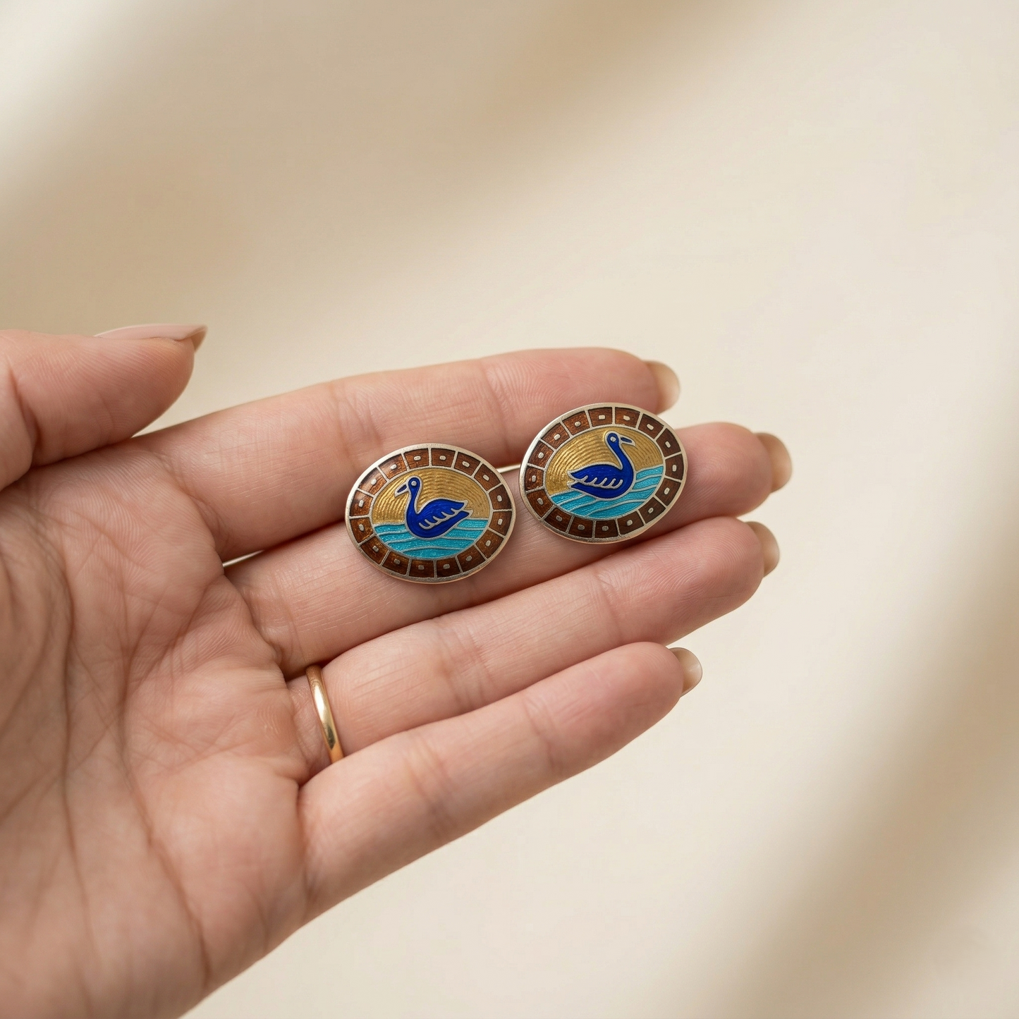 Enamelled Silver Swan Oval Stud Earrings