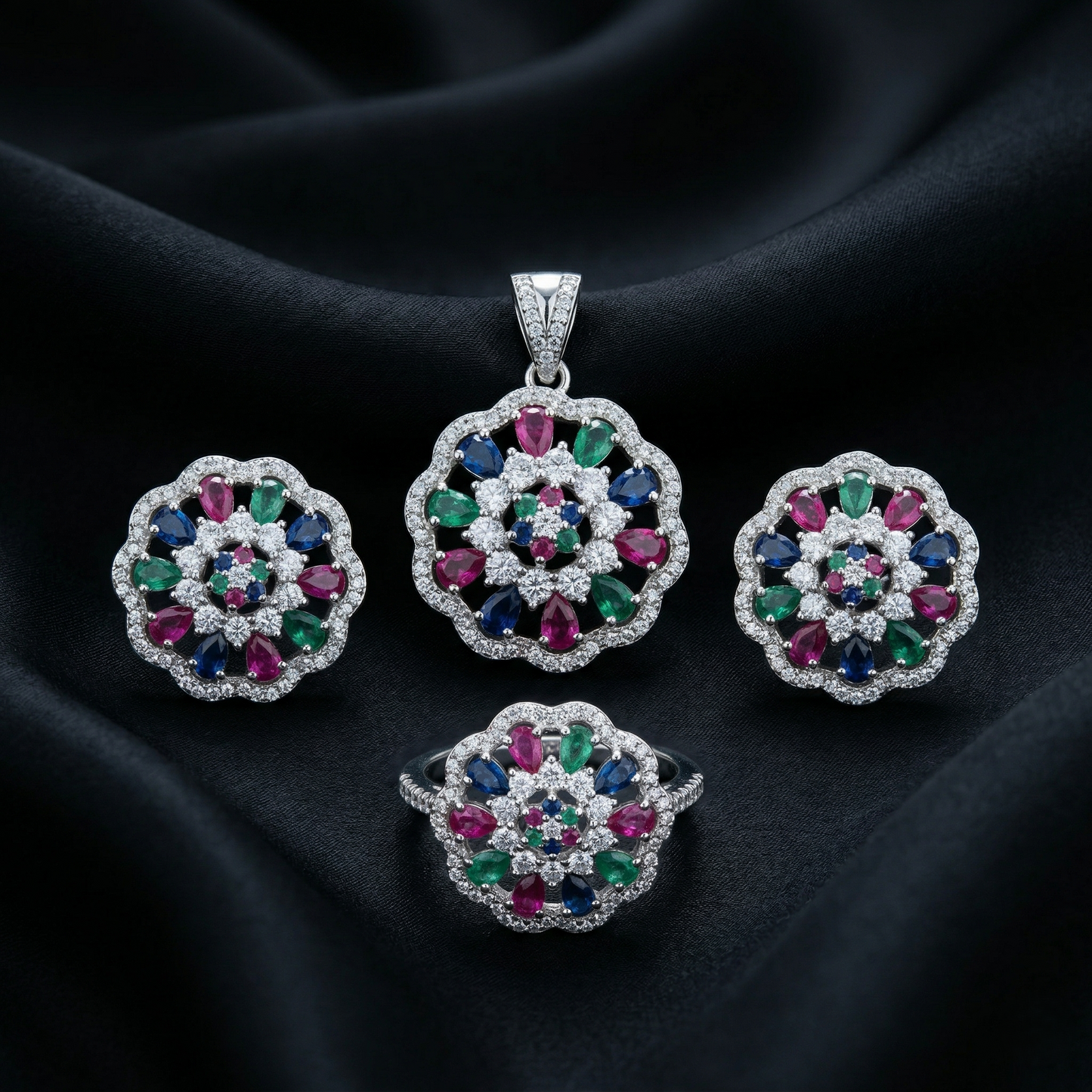 Exquisite Floral Multi-Gem Silver Pendant Set