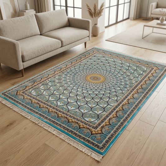 Royal Turquoise Silk Inlay Medallion Rug