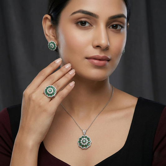 Veridian Blossom 92.5 Silver Pendant Set