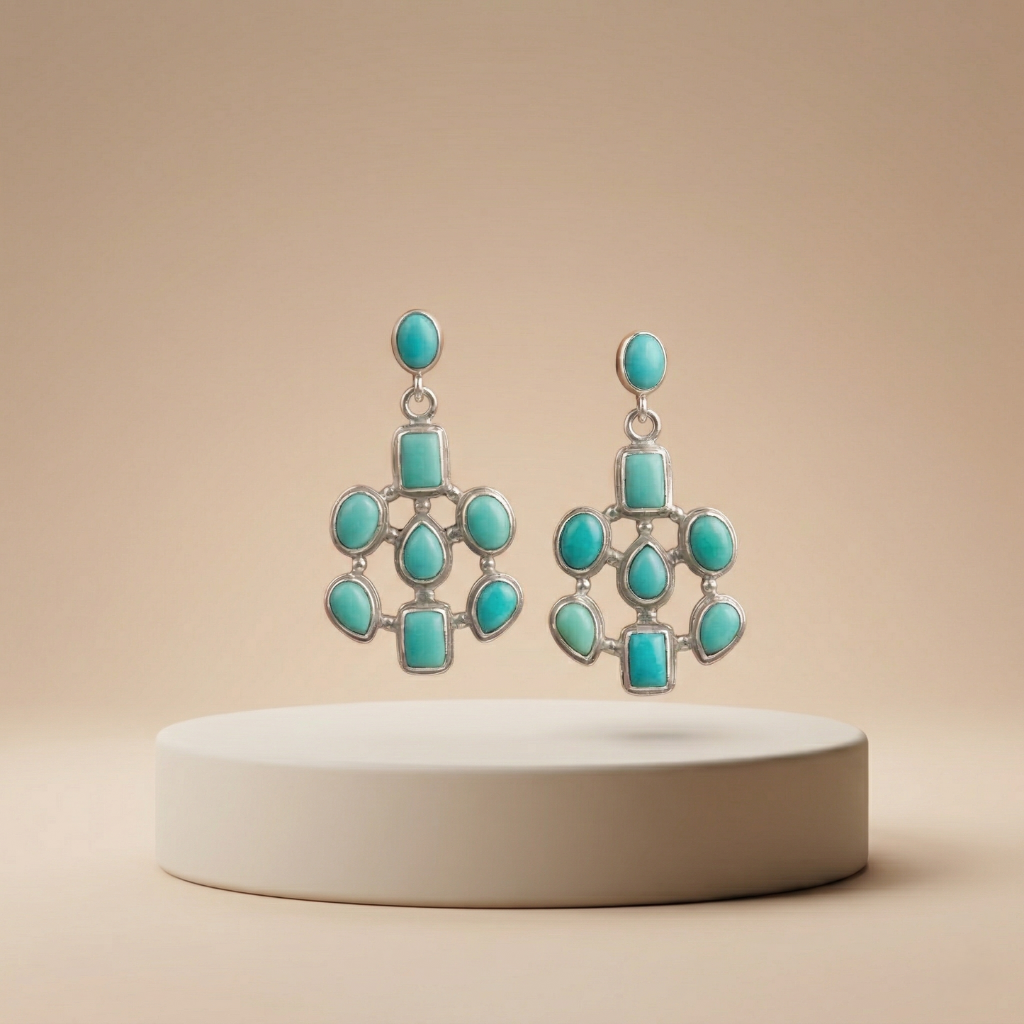 Handcrafted Silver Turquoise Floral Drop Earrings