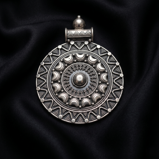 Handcrafted Circular Mandala Silver Tribal Pendant