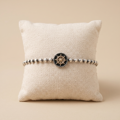 Silver Nautical Wheel Beaded Statement Bracelet
