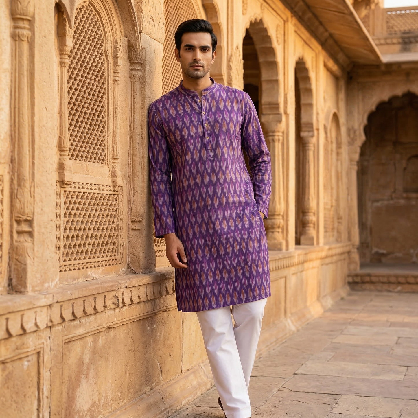Royal Purple Ikat Cotton Men's Kurta