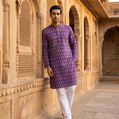 Royal Purple Ikat Cotton Men's Kurta