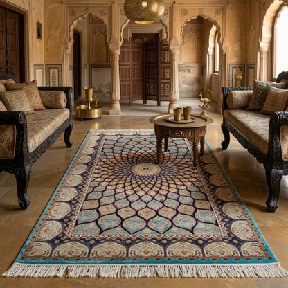 Turquoise Mandala Silk-Touch Persian Rug