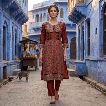 Earthy Elegance Rust Floral Artisan Kurti