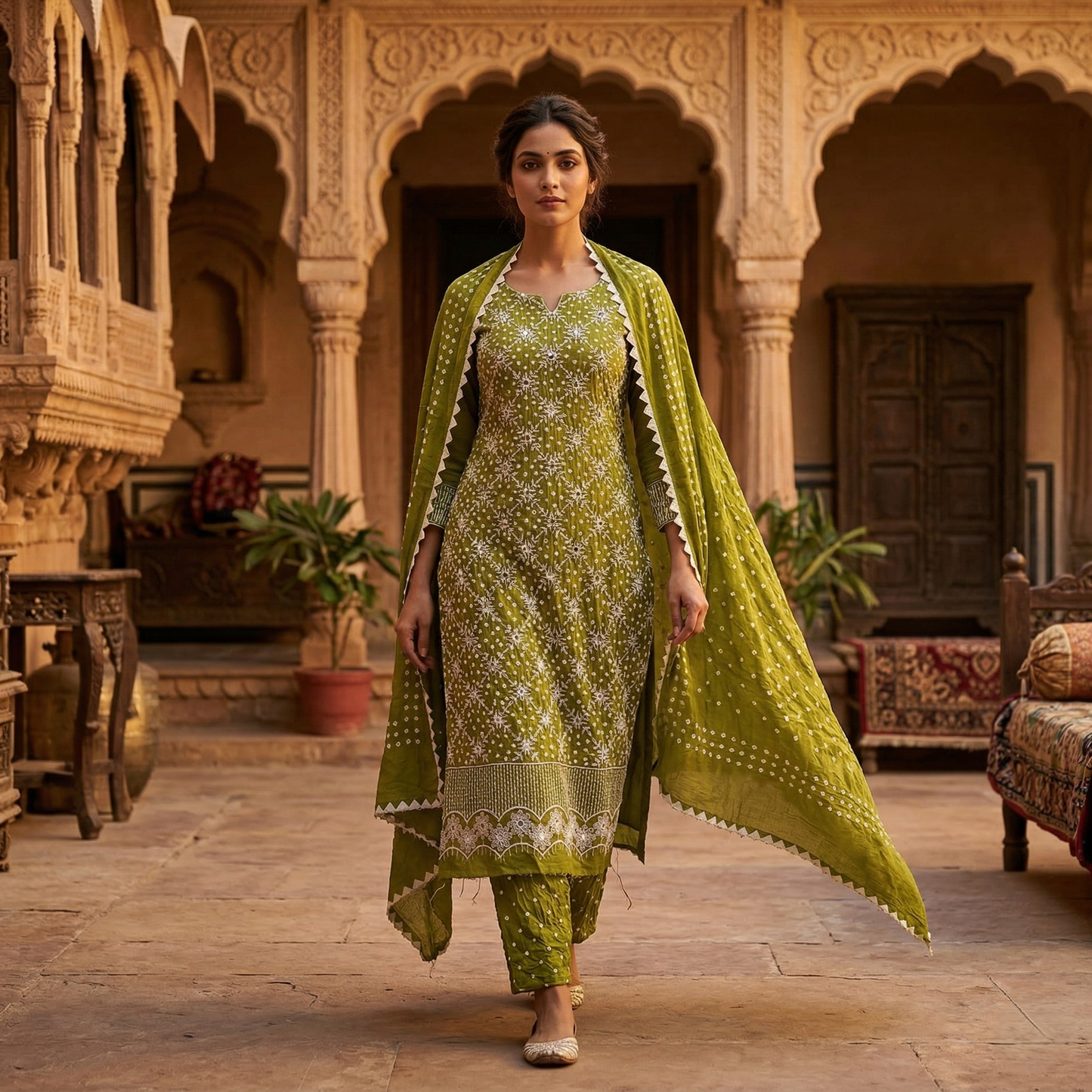Olive Bandhani Embroidered Unstitched Suit Set