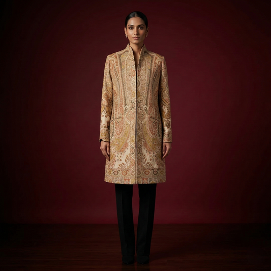 Ornate Paisley Heritage Stand Collar Long Coat