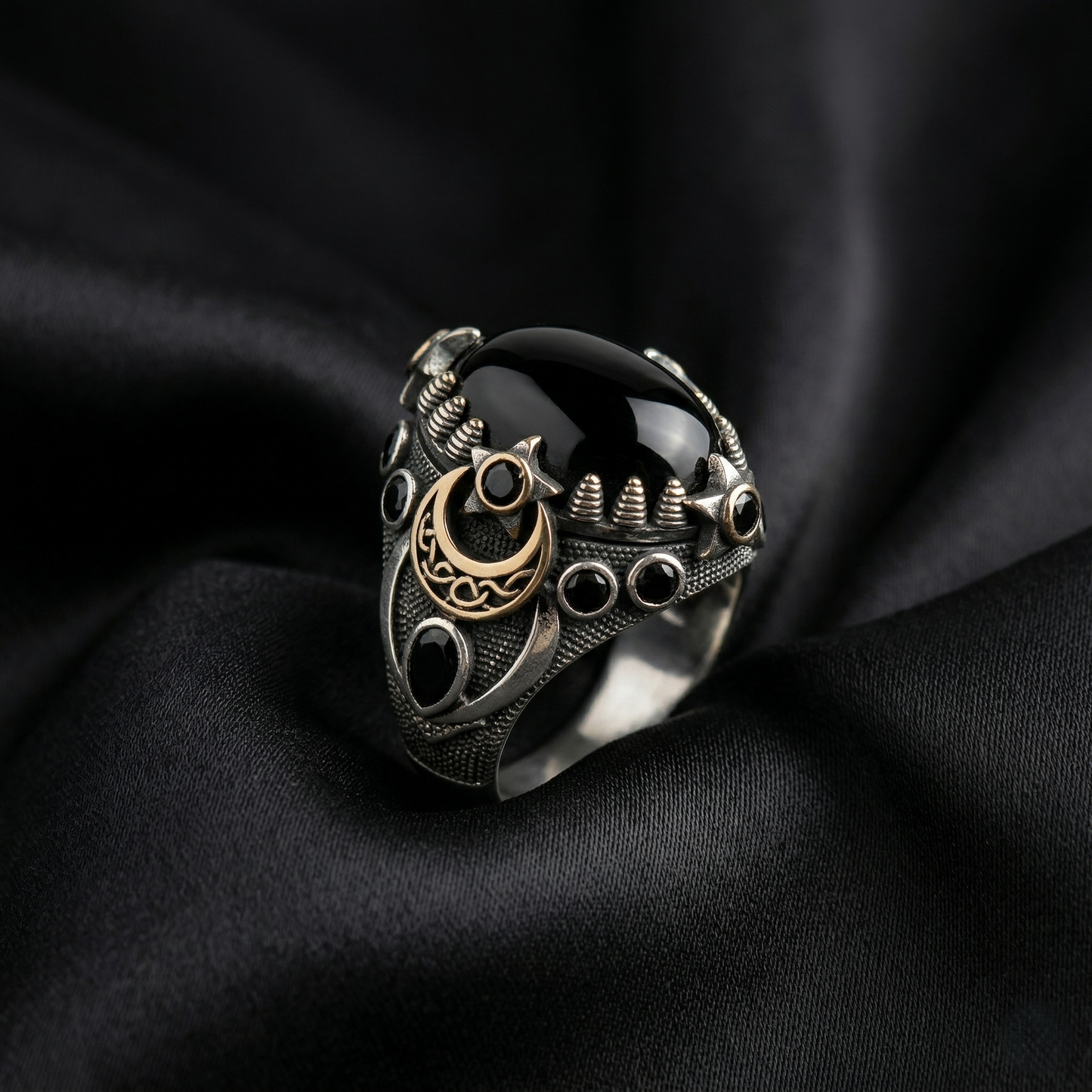 Gothic Crescent Moon Silver Onyx Ring