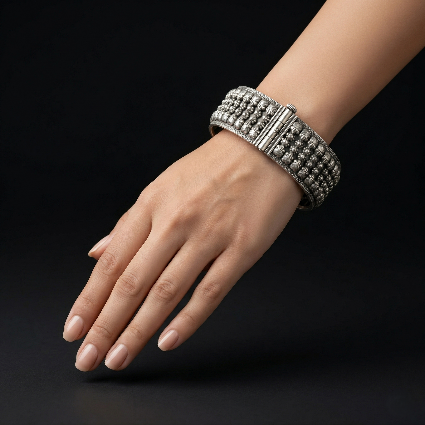 Antique Floral Textured Pure Silver Kada