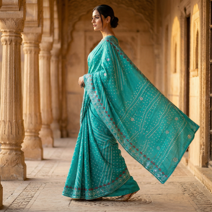 Teal Bandhani Silk Saree with Embroidery