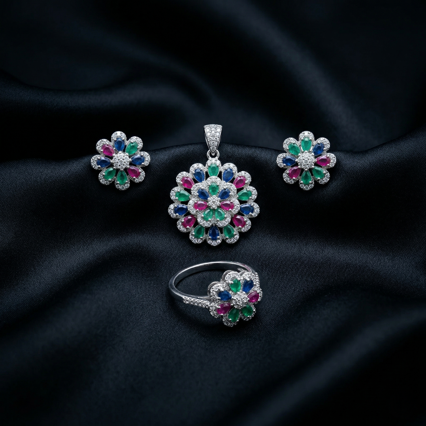 Radiant Multi-Gem Floral Silver Pendant Set