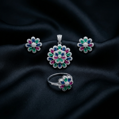 Radiant Multi-Gem Floral Silver Pendant Set