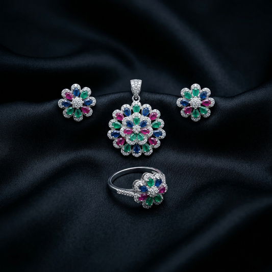 Radiant Multi-Gem Floral Silver Pendant Set
