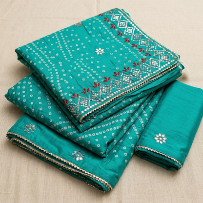 Teal Bandhani Silk Saree with Embroidery