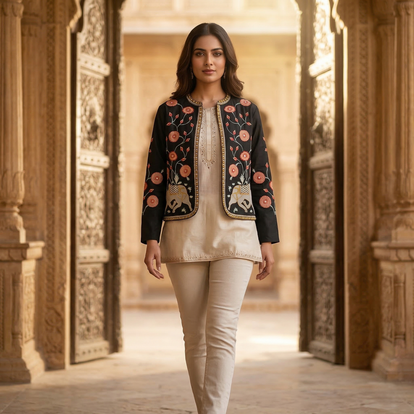Heritage Camel Embroidered Royal Black Jacket