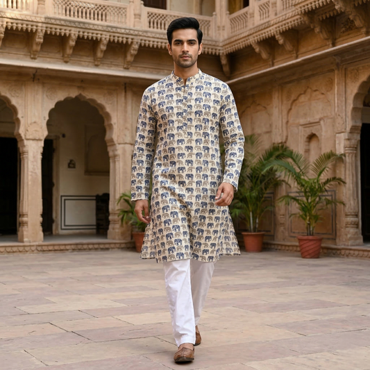 Artisan Blue Elephant Hand Block Kurta