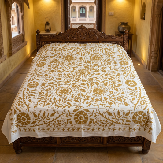 Hand Embroidered Floral Ivory Luxury Bedcover