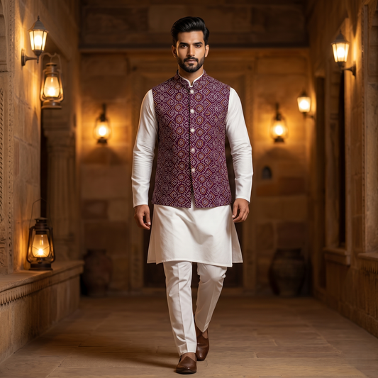 Royal Purple Bandhani Silk Heritage Waistcoat