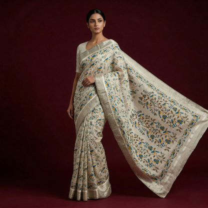 Floral Bird Motif Silver Zari Saree