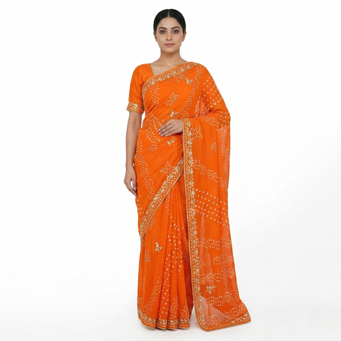 Radiant Orange Bandhani Silk Embellished Saree