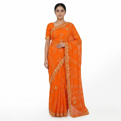 Radiant Orange Bandhani Silk Embellished Saree