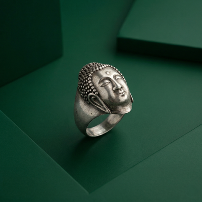 Serene Silver Buddha Head Statement Ring