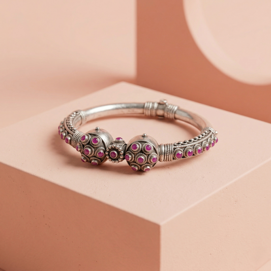 Handcrafted Ruby-Studded 92.5 Sterling Silver Kada