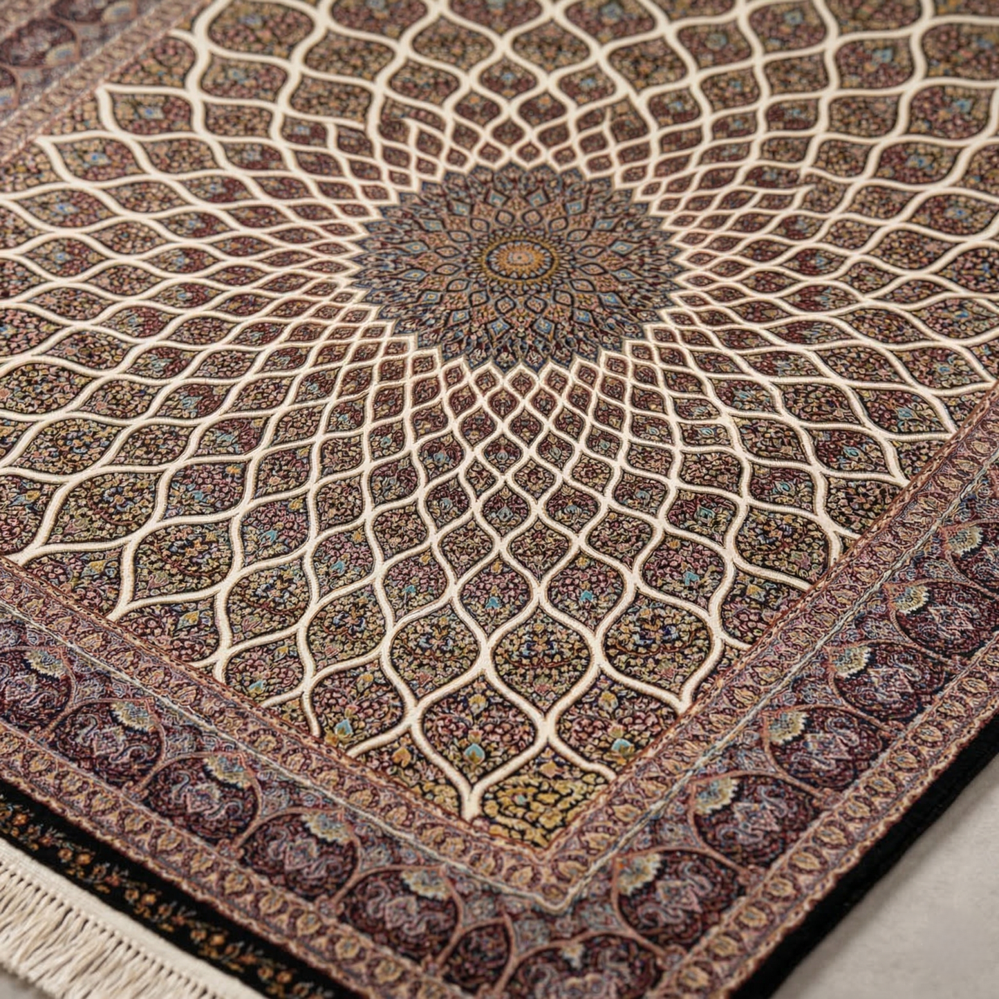 Ornate Persian Medallion Hand Knotted Silk Rug