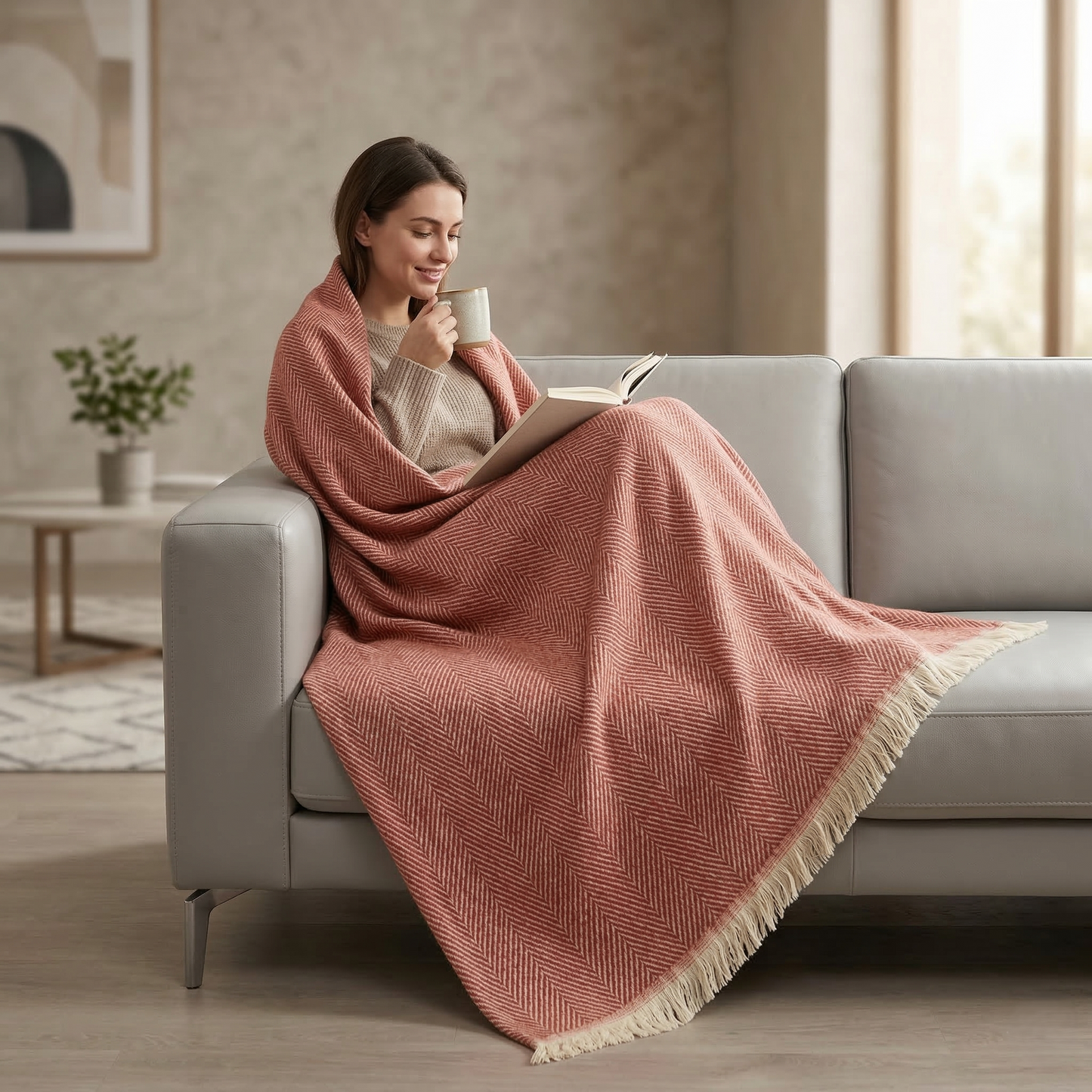 Elegant Sage Herringbone Hand Woven Blanket