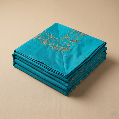 Royal Teal Silk Gold Embroidered Bedcover