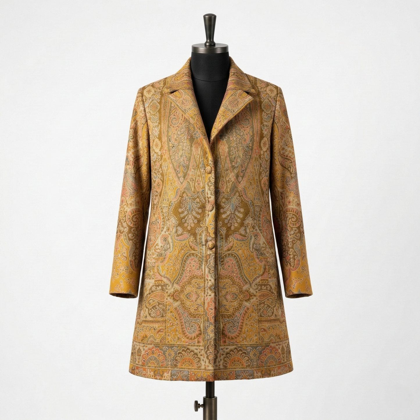 Ornate Paisley Elegance in Golden Ochre Long Coat