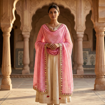 Pink Bandhani Dupatta With Gota Patti