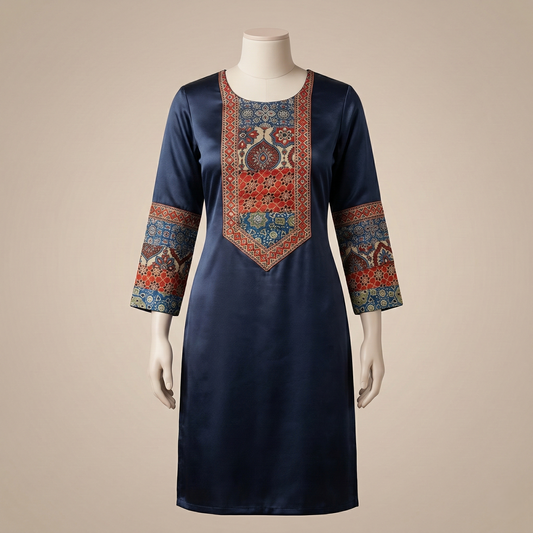 Royal Indigo Embroidered Silk Kurti Set