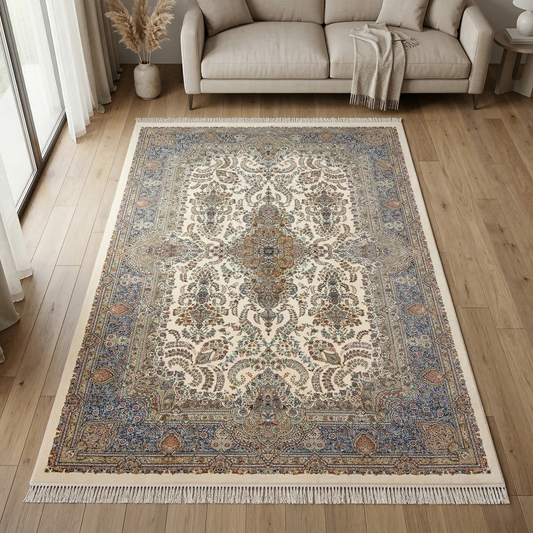 Ornate Cream Medallion Traditional Persian Rug