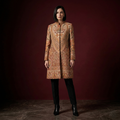 Ornate Earth Tone Paisley Jacquard Long Coat