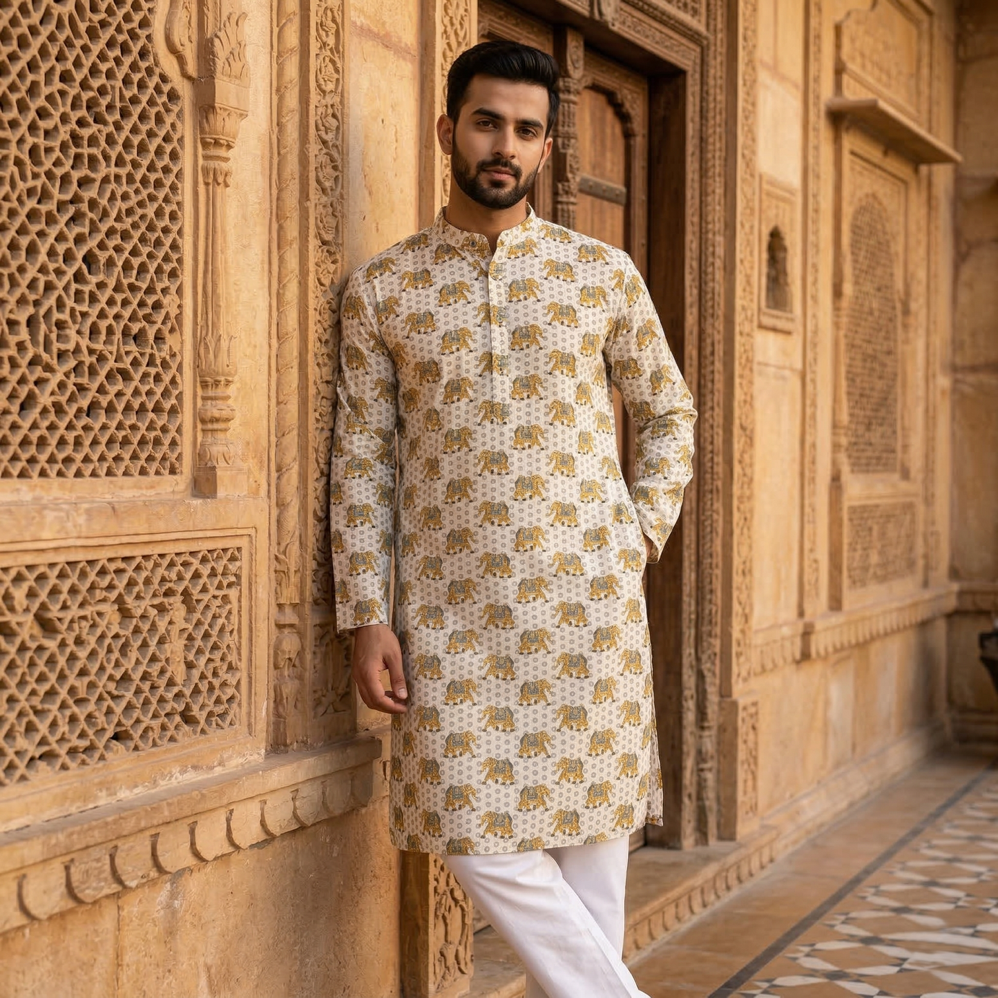 Ivory Hand Block Elephant Print Kurta