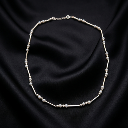 Elegant Silver Bar and Pearl Necklace