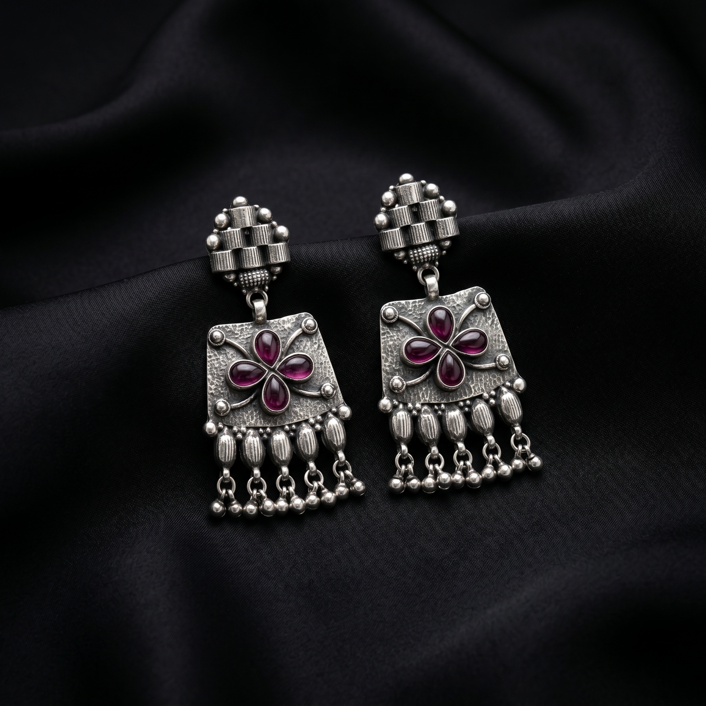 Handcrafted Oxidized Silver Floral Drop Earrings