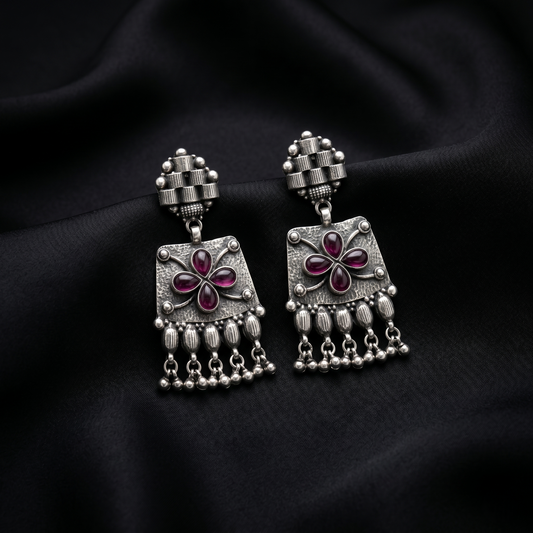 Handcrafted Oxidized Silver Floral Drop Earrings