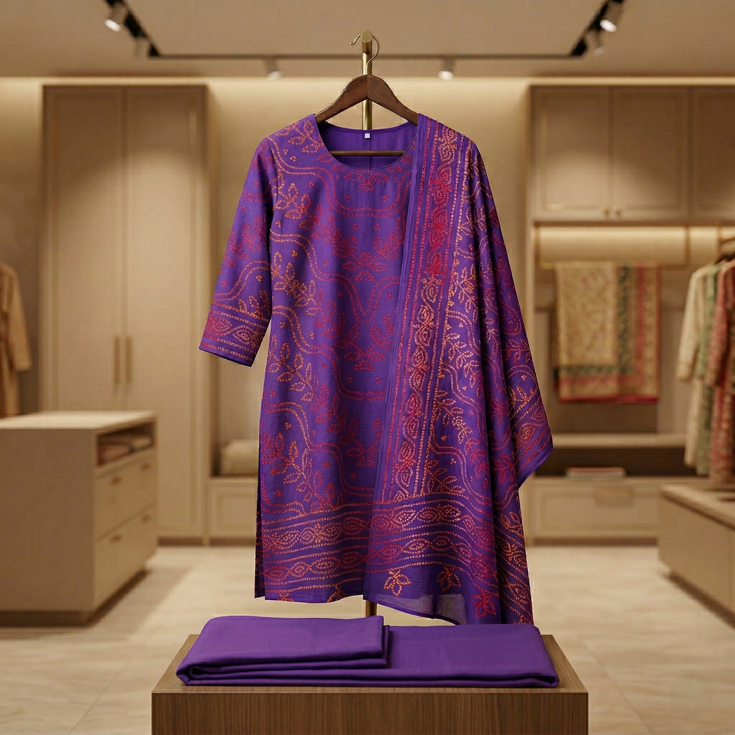 Royal Purple Bandhani Silk Unstitched Suit