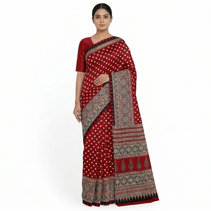 Crimson Timeless Hand Printed Heritage Saree