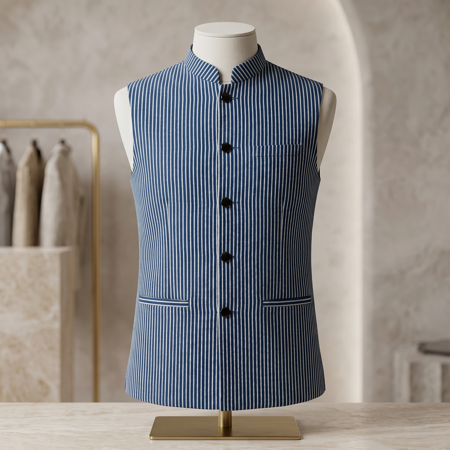 Indigo Pinstripe Silk Heritage Nehru Jacket