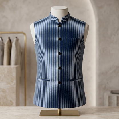 Indigo Pinstripe Silk Heritage Nehru Jacket