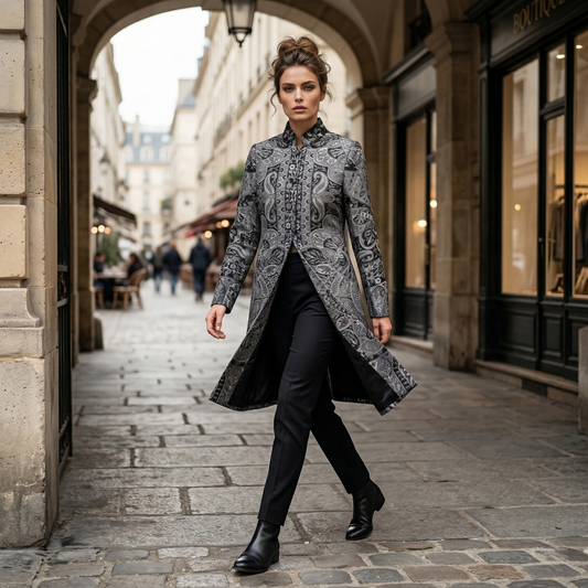 Paisley Jacquard Mandarin Collar Long Coat