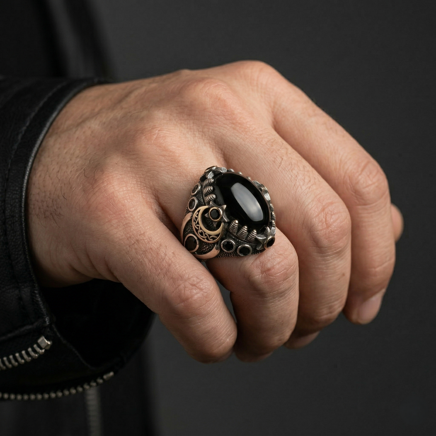 Gothic Crescent Moon Silver Onyx Ring