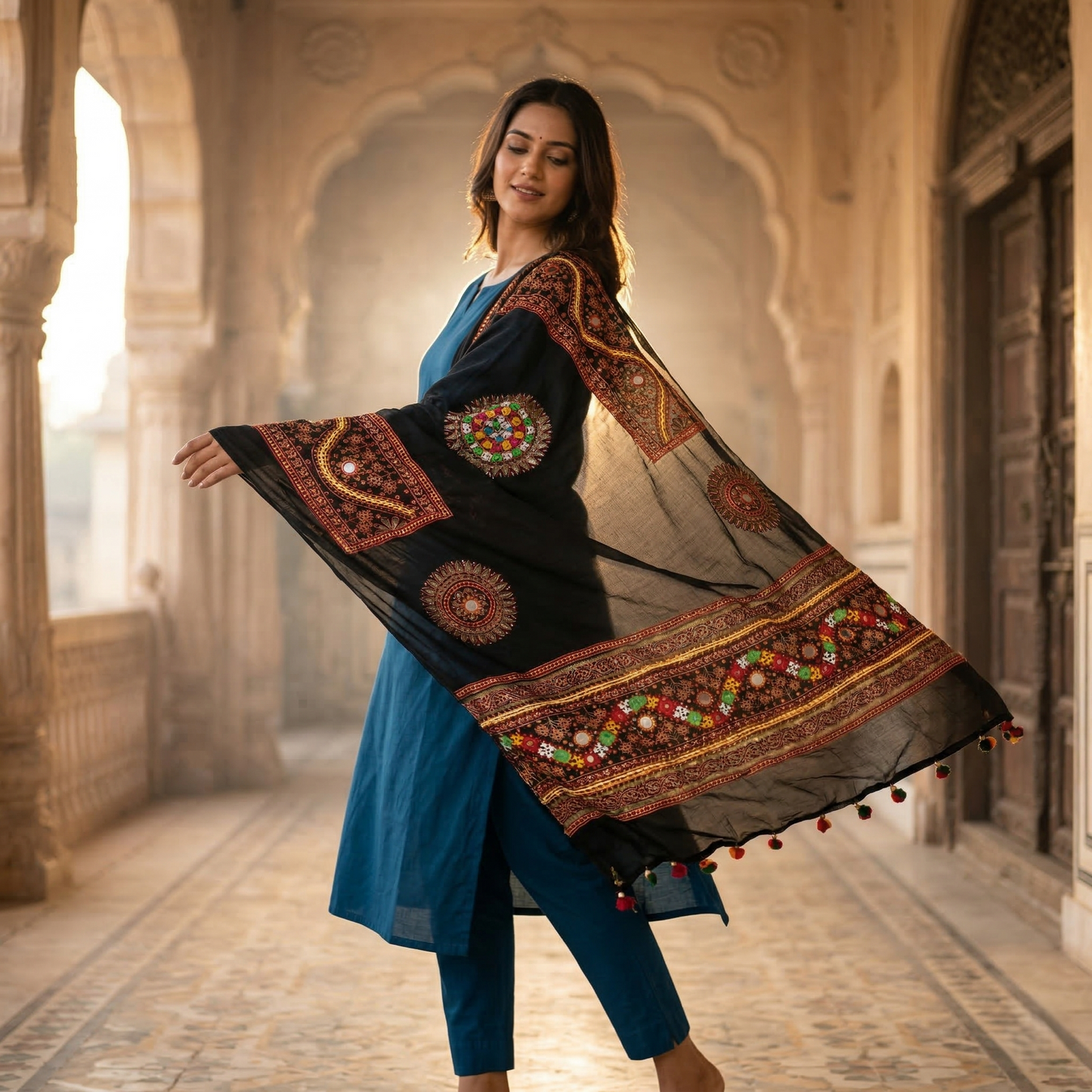 Exquisite Phulkari Inspired Black Sheer Dupatta