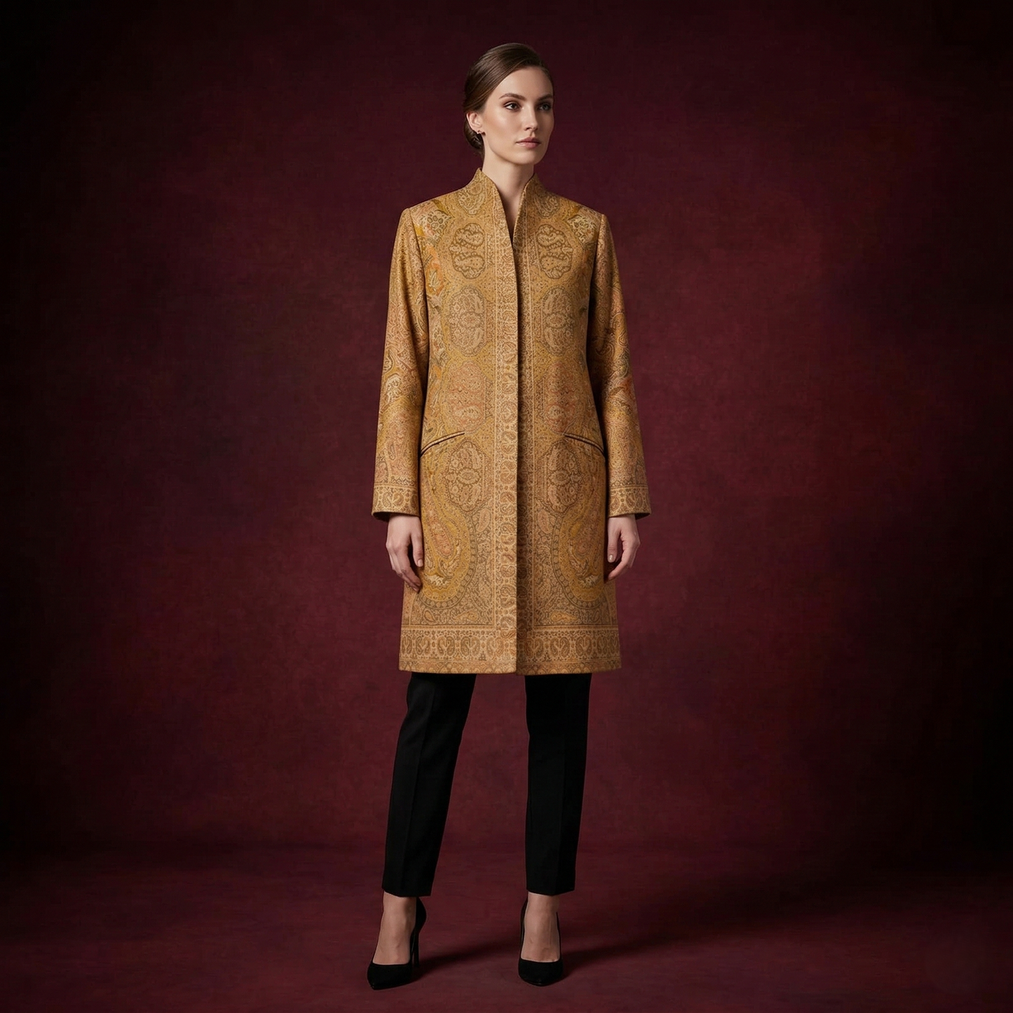 Regal Elegance in Golden Artisan Jacquard Long Coat
