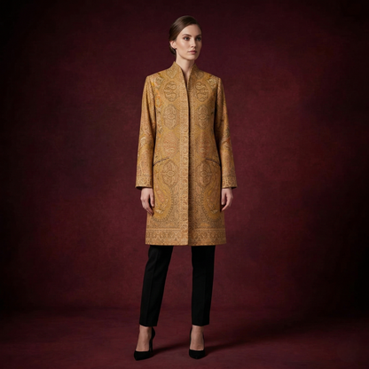 Regal Elegance in Golden Artisan Jacquard Long Coat